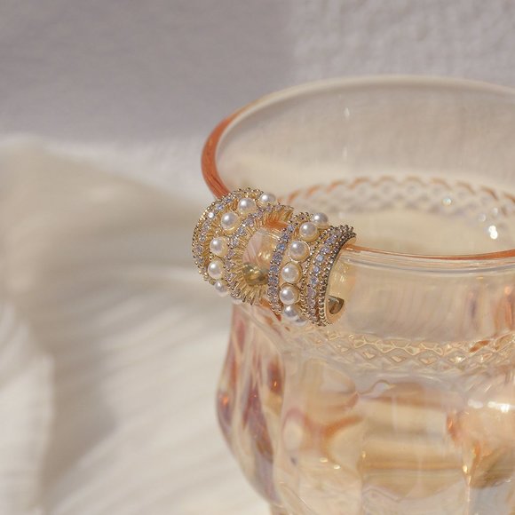 NEW 14K Gold Plated Diamond Pearl Open Hoops - Picture 4 of 8